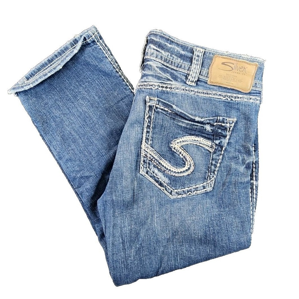 Silver Suki Capri Blue Women 33 Distressed Medium Wash Mid Rise Denim Jeans